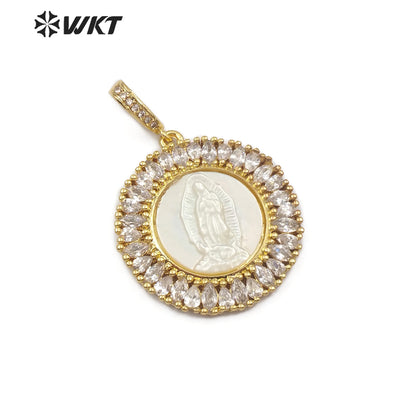 WT-MP115 Hot Sale Jewelry Fashion Virgin Mary Guadalupe Benedict 18K Gold Plated Round Shape Religious CZ Pave Pendant
