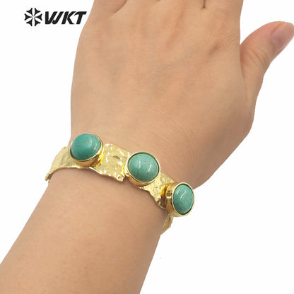 WT-B563 Wholesale WKT New Triple Stone Cuff Bangle Women Fashion Gold Electroplated Nontarnishable Lava Stone Turquoise Bangle