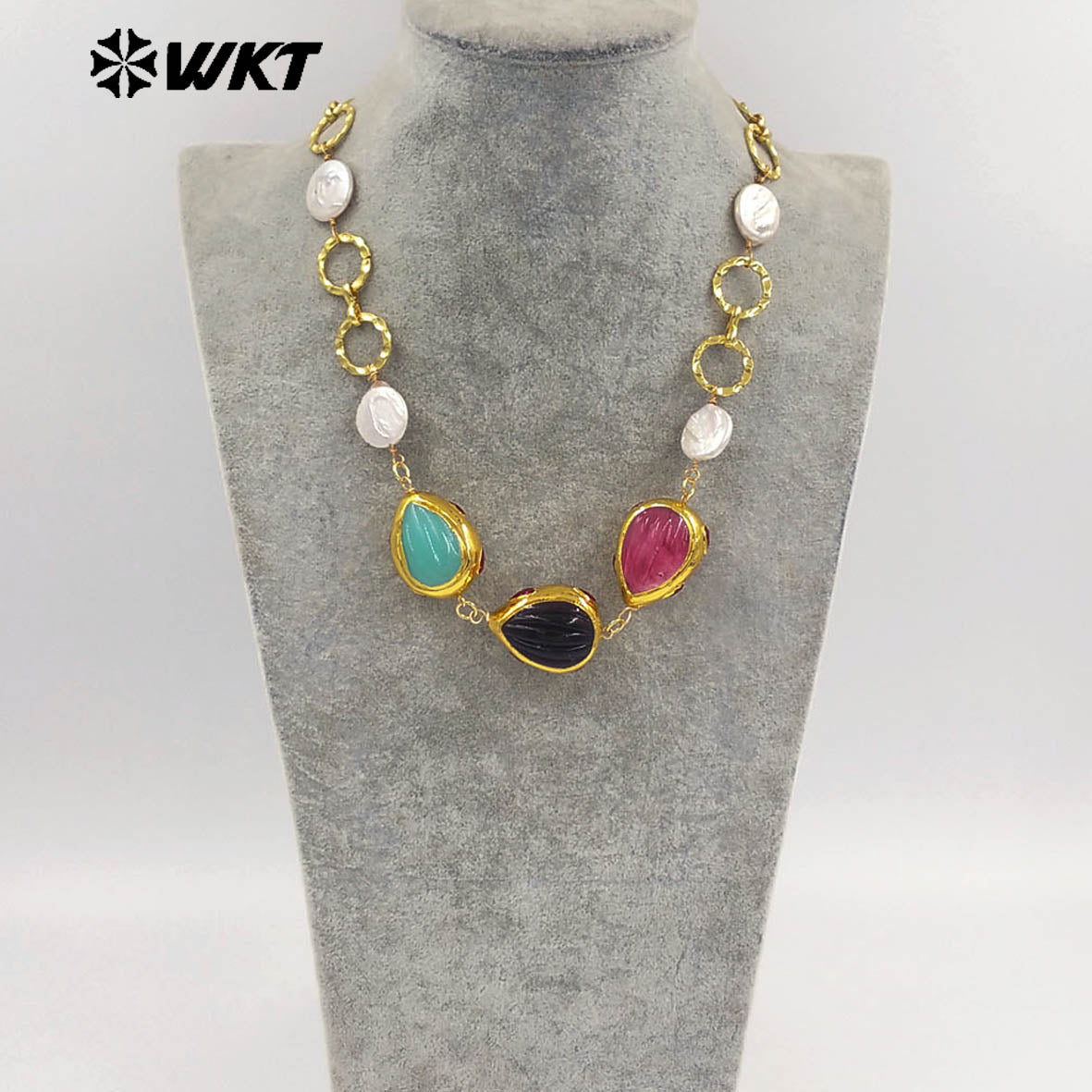 WT-JN372 Exquisite 18K Gold Plated Natural Pearl And Three Colors Glaze Pendants Necklace As Lady Unique Jewelry Accessory