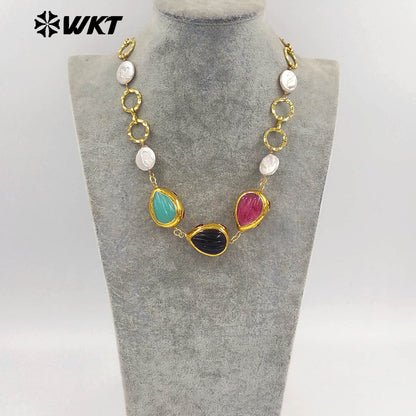 WT-JN372 Exquisite 18K Gold Plated Natural Pearl And Three Colors Glaze Pendants Necklace As Lady Unique Jewelry Accessory