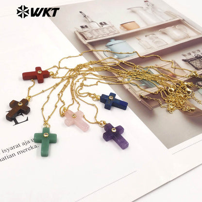 WT-N1533 Popular Sale Gold Chain With Colorful Natural Gemstones Cross Shape Charms Necklaces As Women Daily Wearing Jewelry