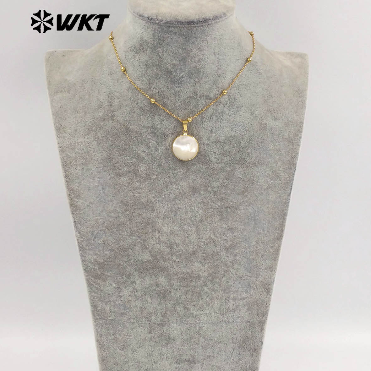 WT-JN348 Wholesale Gold Plated Tiny Beads Chain With Natural Shell Round Facets Pendant Necklace For Everyday Style Matching