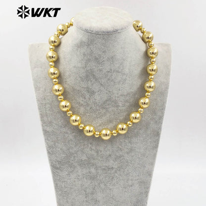 WT-JFN15 New Popular Simple Cool 18K Real Gold Plated 16MM Big Brass Ball Beads Women Necklace With Extend 18inch Long