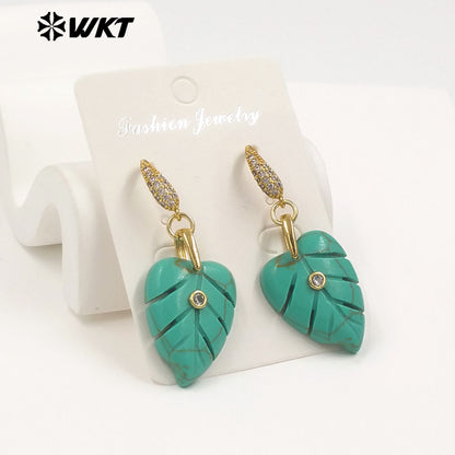 WT-E829 Wholesale Popular Zircon And Colorful Natural Gemstones Carved Leaf Shape Gold Earrings For Women Lovely Jewelry