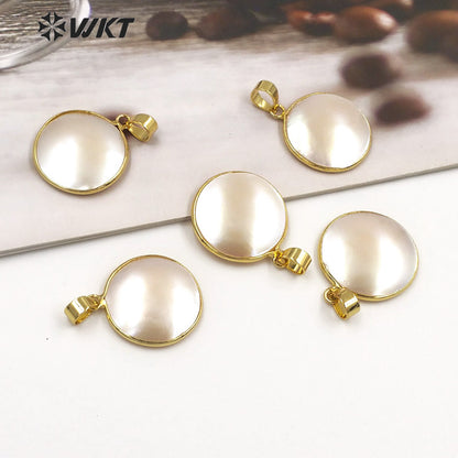 WT-JP354 Amazing Brightly Round Natural Mabe Gold Bezel Resist Tarnishable Shell Pendants for Necklace Design