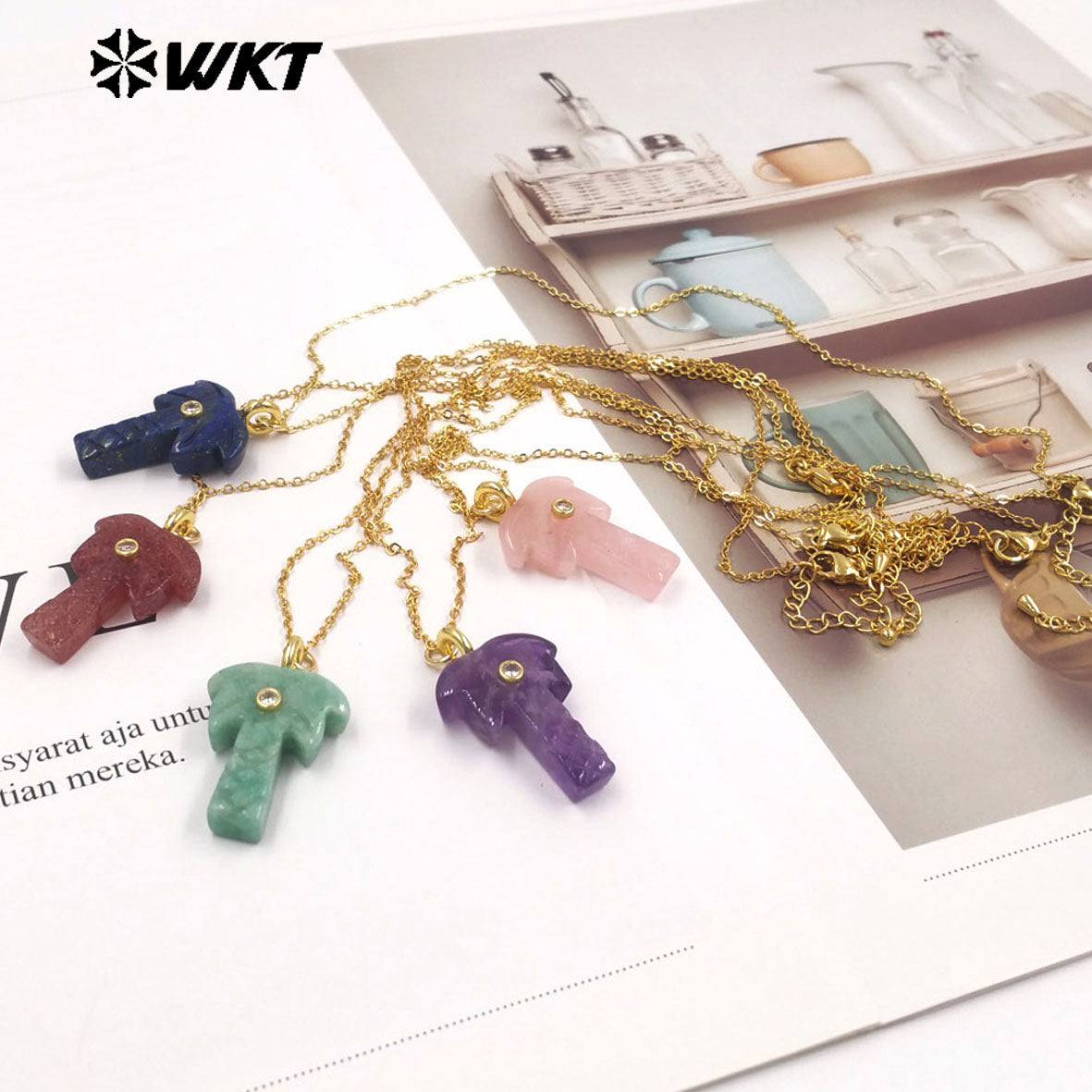 WT-N1534 Amazing Various Natural Gemstones Carved Coconut Trees Shape Charms Gold Necklaces For Women Fashionable Jewelry