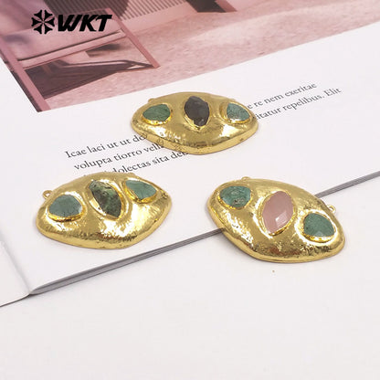 WT-C338 Wholesale Gold Electroplated Three Natural Gemstones Oval Charms Connectors With Double Hoops For Bracelets DIY Design