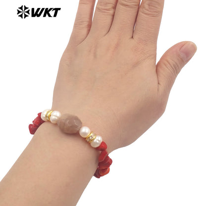 WT-B696 WKT New Arrival Worker Handmade by Natural Nugest Beads Stone Bracelet With Extend Chain Charms Lady Bracelet