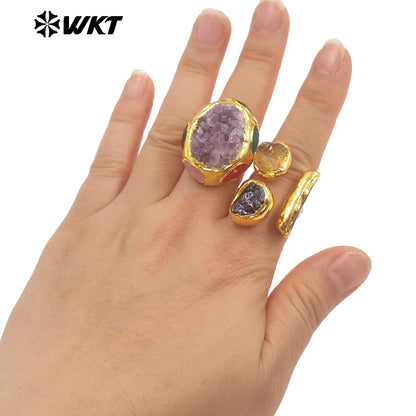 WT-R606 Vintage Style Gold Plated Three Natural Gemstones Triangle Women Adjustable Rings For Dance Party Matching Jewelry