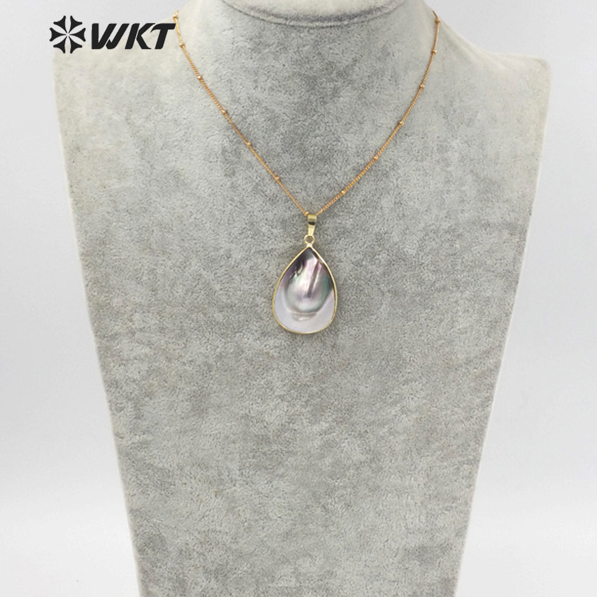 WT-JN145 WKT New Natural Black Mother of Pearl Drop Necklace Fashion Gold Precious Teardrop Black Shell Pendant Necklace