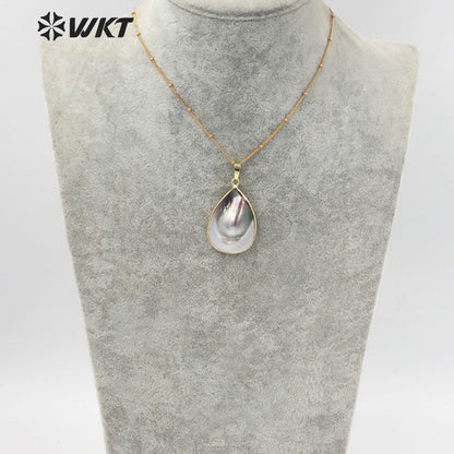 WT-JN145 WKT New Natural Black Mother of Pearl Drop Necklace Fashion Gold Precious Teardrop Black Shell Pendant Necklace