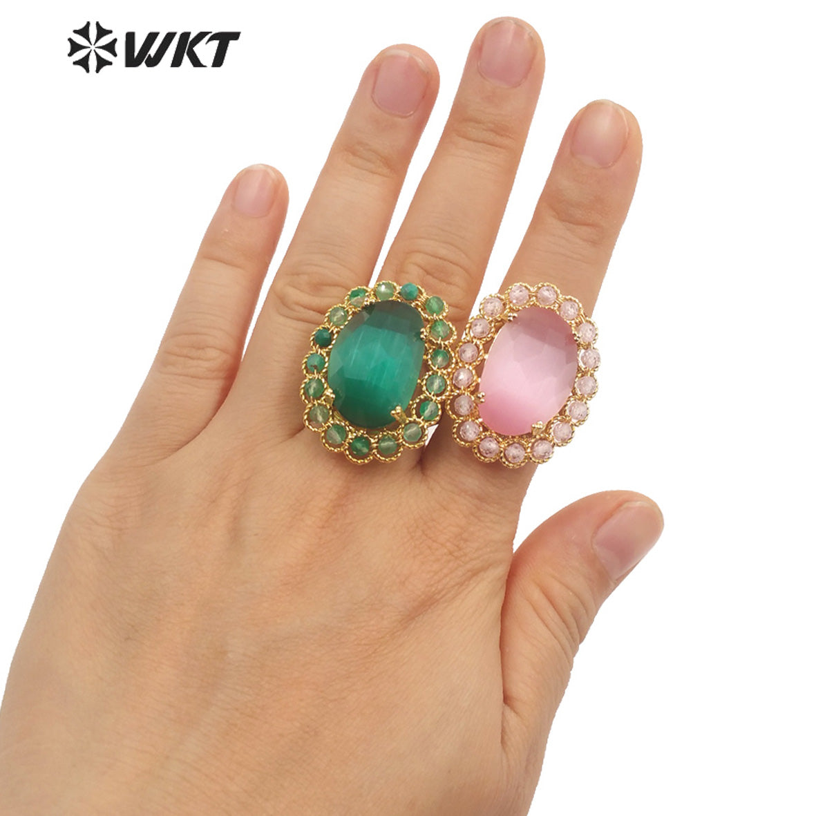 WT-R459 WKT Wholesale New Women 18k Gold Plated Resist Tarnishable Oval Cat Eye Stone Ring Charming Stone Beads Beauty Ring