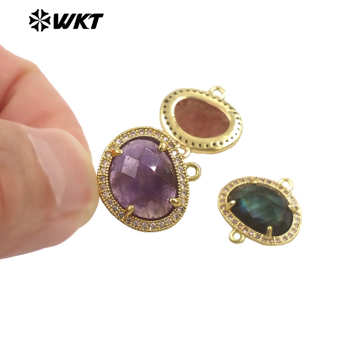 WT-C335 High Quality Wholesale Small Zircon Round MultiVariety Natural Gemstone Necklace Pendant Connector Double Hoop for Women