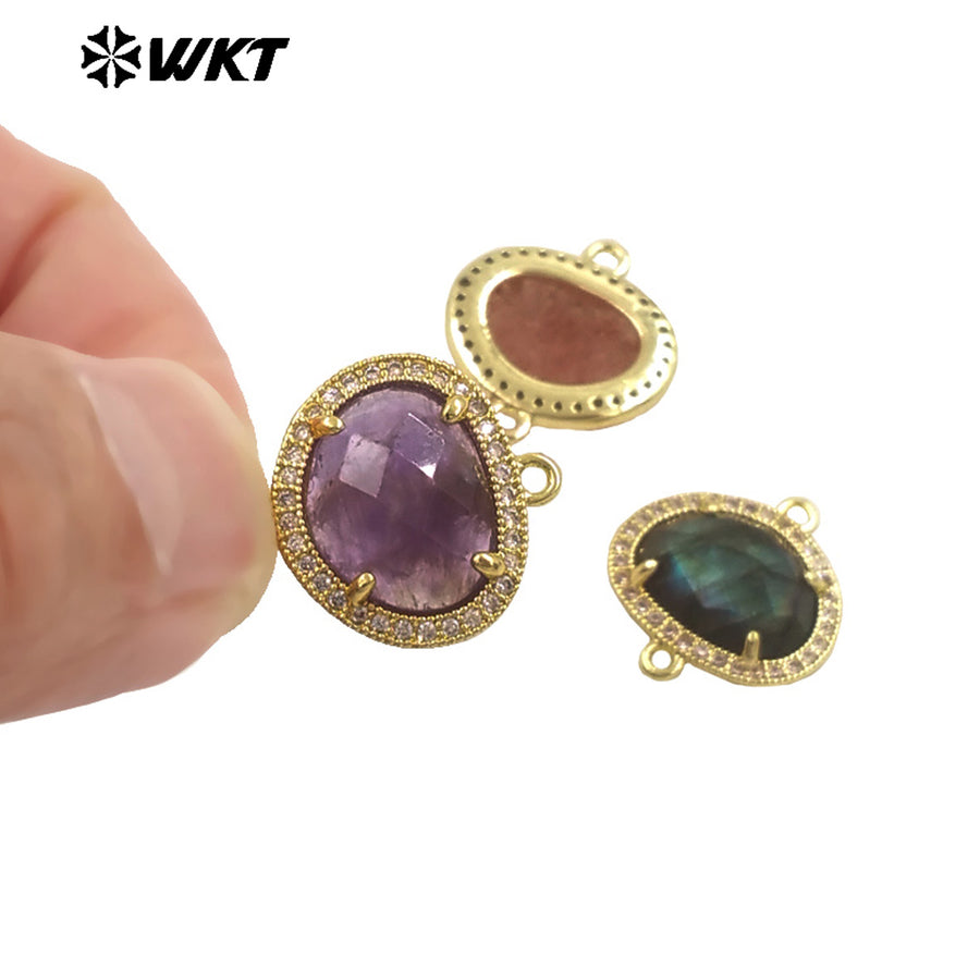 WT-C335 High Quality Wholesale Small Zircon Round MultiVariety Natural Gemstone Necklace Pendant Connector Double Hoop for Women