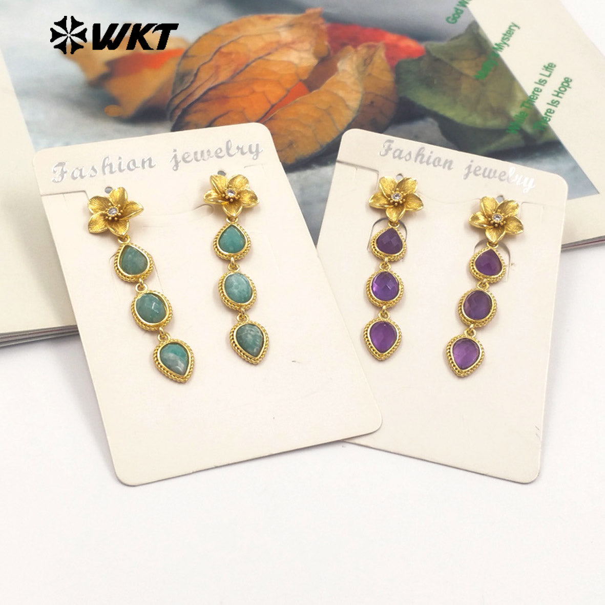 WT-E758 Amazing Fashion 18K Real Gold Plated Resist Tarnishable Multi Stones Earrings Women Birthday Gift Jewelry