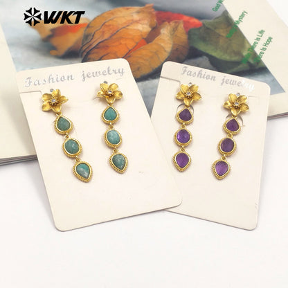 WT-E758 Amazing Fashion 18K Real Gold Plated Resist Tarnishable Multi Stones Earrings Women Birthday Gift Jewelry