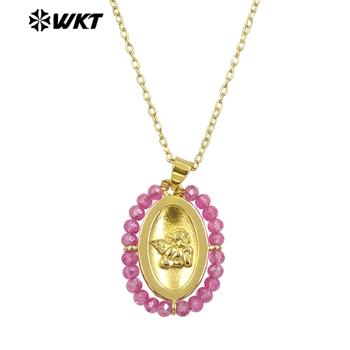 WT-MN994 2024 New Popular Gold Plated With Handmade Crystal Wire Wrapped Beads Around Angel Medal Christian Jewelry Necklace