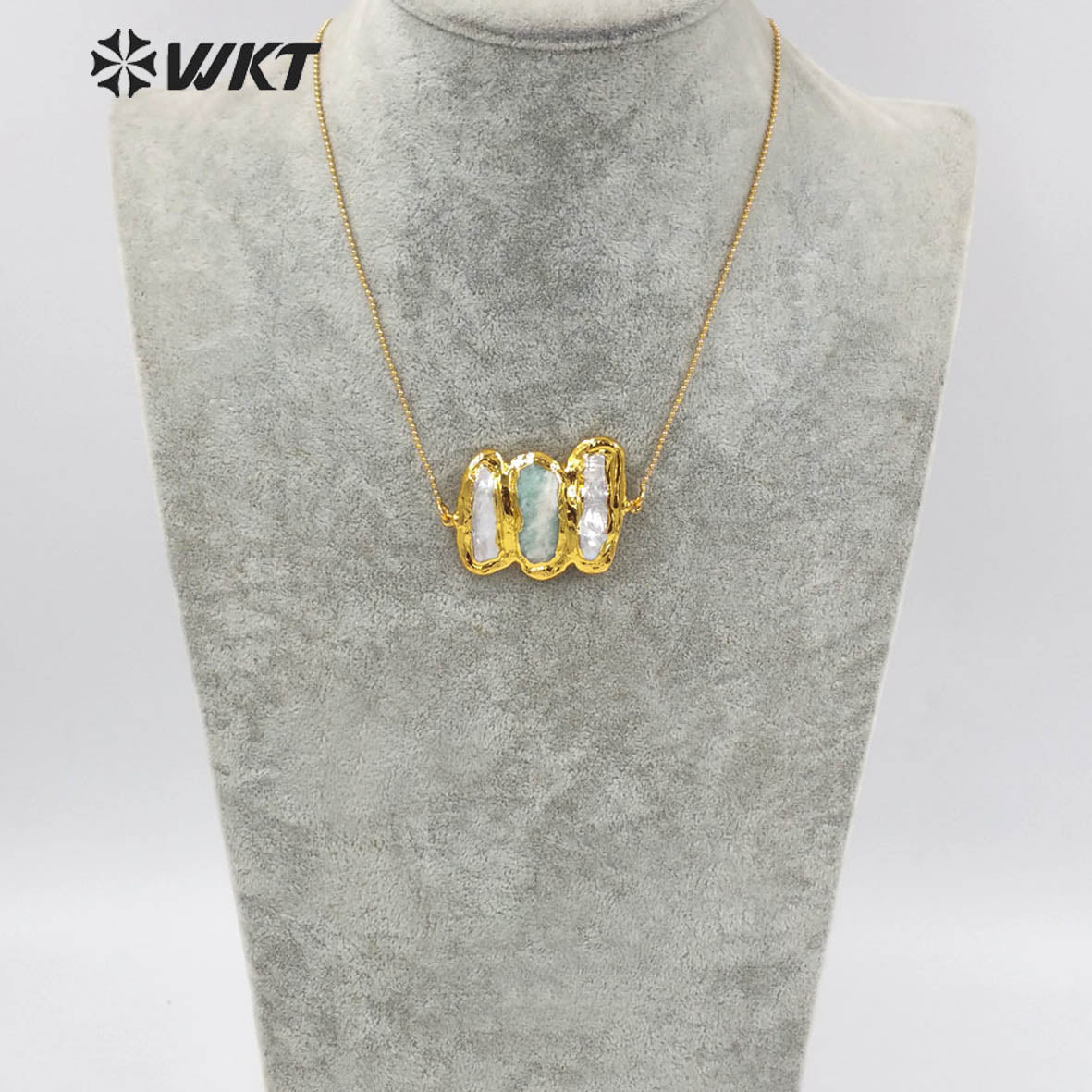 WT-JN136 Wholesale New Triple Stone Statement Necklace 18 Inch Long Gold Pearl and Stone Mix Birthday Gift Women Necklace