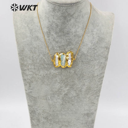 WT-JN136 Wholesale New Triple Stone Statement Necklace 18 Inch Long Gold Pearl and Stone Mix Birthday Gift Women Necklace