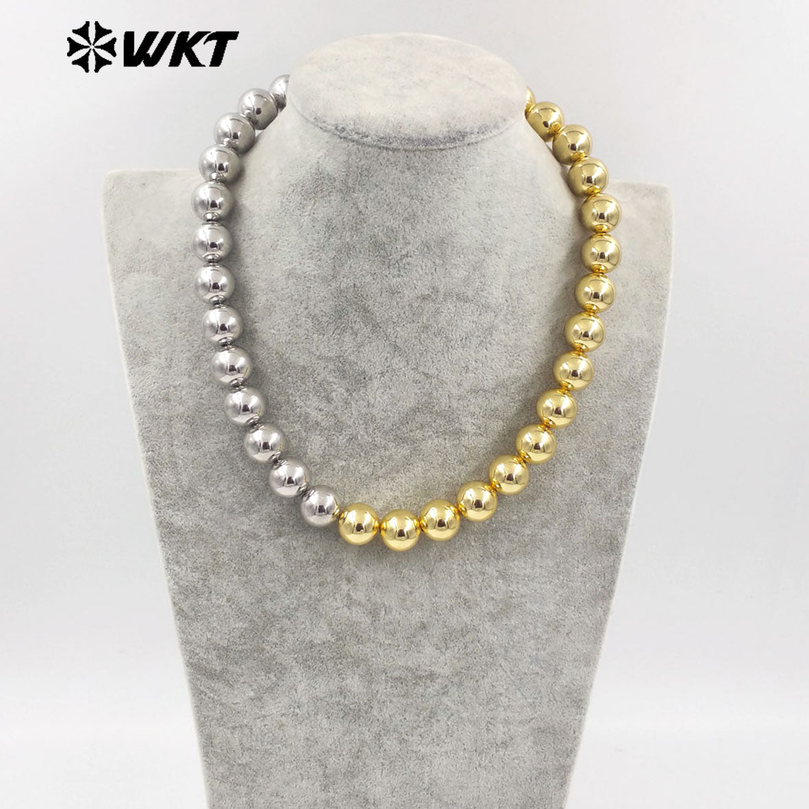 WT-JFN12 Wholesale Fashion 18k Real Gold Plated Double Color Mixsure Design Unique Brass Ball Beads Necklace