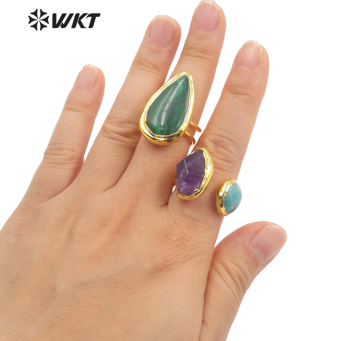 WT-R416 Sophisticated Elegant French Vintage Malachite Rings with 18k Gold Plated Women's Jewelry Rings Natural Stone Rings