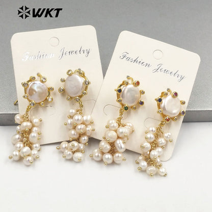 WT-MPE095 Wholesale Fashion Tiny Pearl Long Dangle Earrings Gorgeous Handmade Claw Setting Zircon Pearl Studs for Wedding