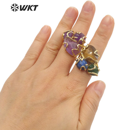 WT-R417 WKT NEW Design Gorgeous Triple Natural Gemstone Claw Setting Stone Ring Women Adjustable Precious Colorful Gold Ring
