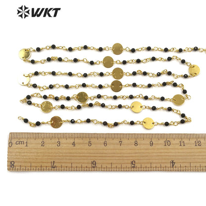 WT-RBC148 Wholesale Natural Black Agate Beads Chain Stylish Gold Plated Black Agate Rosary Beads Chain for DIY Jewelry Making
