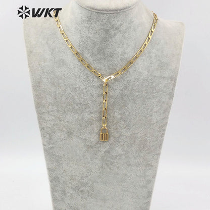 WT-N1307 Wholesale New Fashion 18k Real Gold Plated Faceted Curb Chain Y Shape Necklace Women Lock Choker Necklace