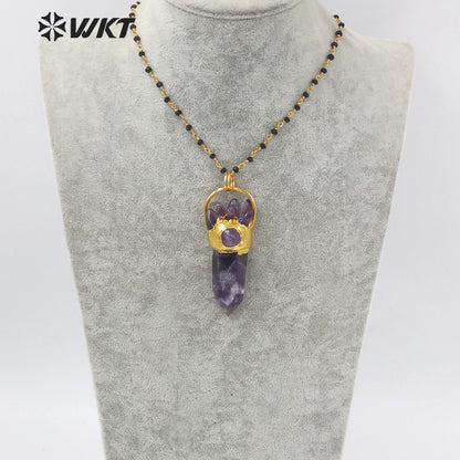 WT-N1274 Gorgeous Big Stone Necklace for Lady Precious Lucky Hexagonal Amethyst Stone Necklace for Birthday Gift