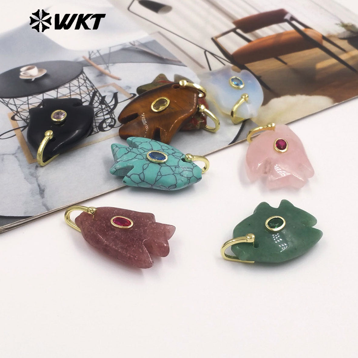WT-P2067 Lovely Style Ocean Series Multiple Natural Gemstones And Zircon Fish Shape Charm Pendants For Friends Gift DIY