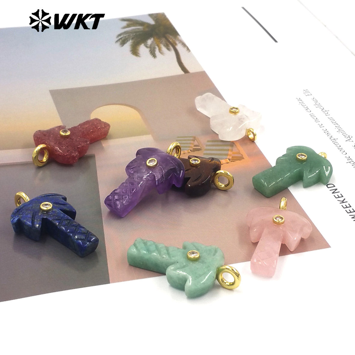 WT-P2109 Exquisite Design Zircon And Natural Gemstones Carved Coconut Trees Shape Pendants As Women Fashion Jewelry Accessory