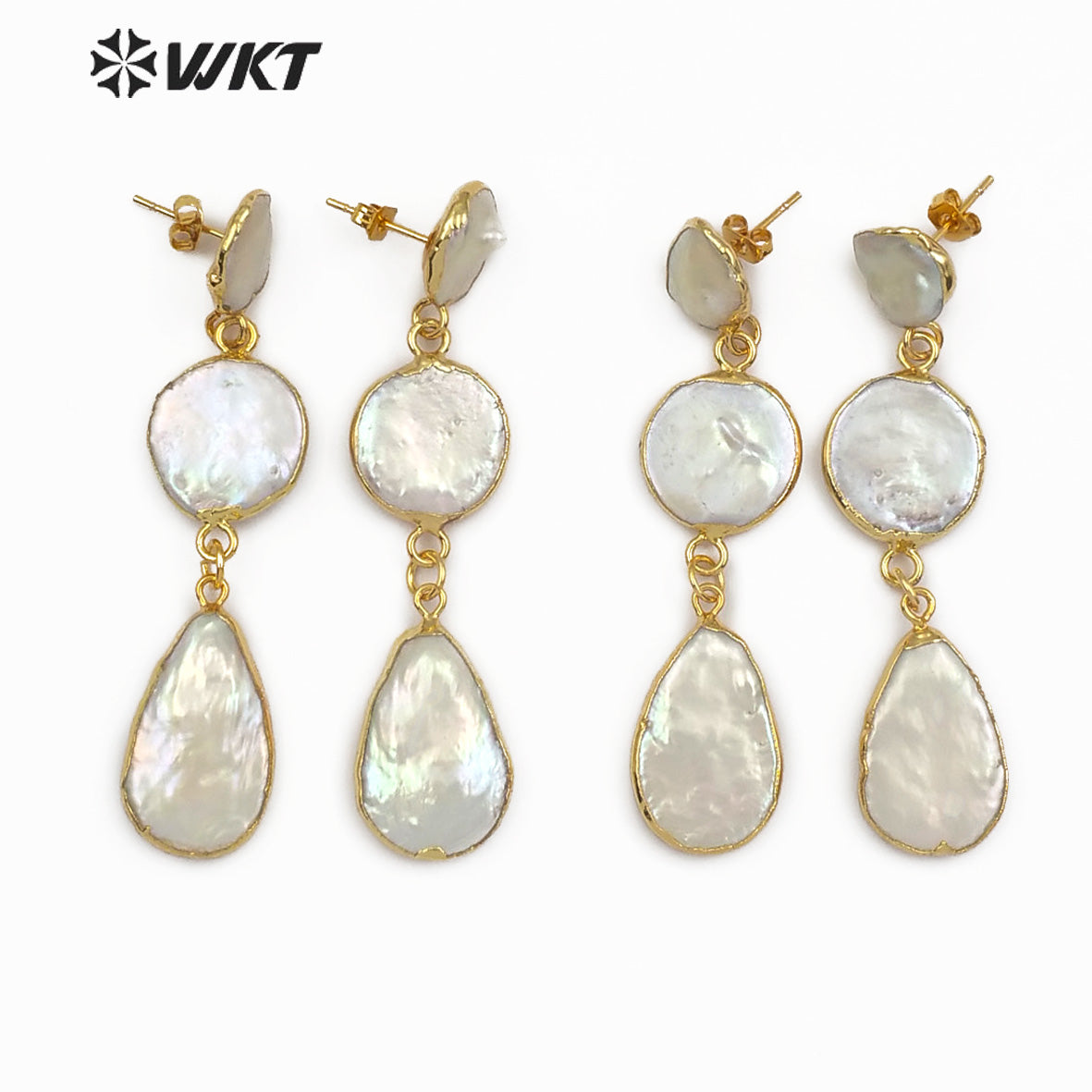 WT-E491 Three Pearls in Round Teardrop Shape Gold Earring Wedding Pearl Jewelry Gift for Her Natural Freshwater Pearl Earring