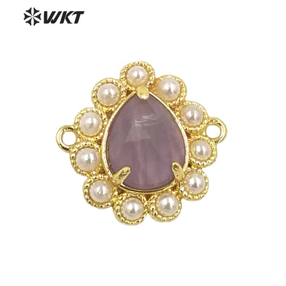 WT-PC008 Delicate Fashion 18K Real Gold Plated Resist Tarnishable Gemstone Carved Drop Pearl Connectors
