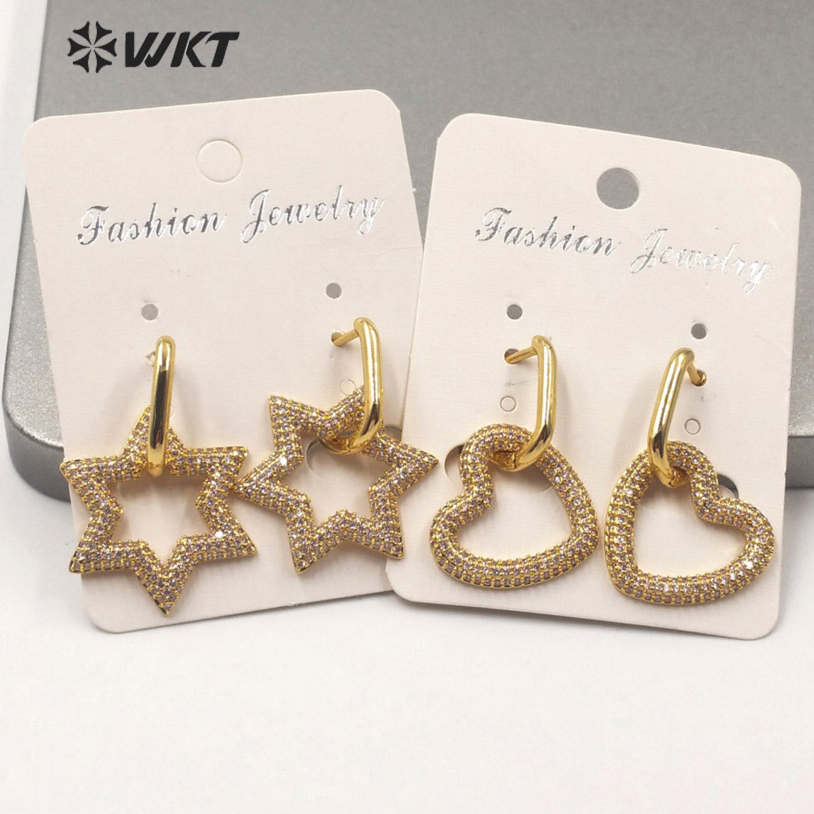 WT-ME074 Supper Hot Unique Shinning Cubic Zircon Earrings Gold Plated Star Heart Clasp Earrings Fashion Gold Cz Earrings