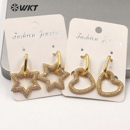 WT-ME074 Supper Hot Unique Shinning Cubic Zircon Earrings Gold Plated Star Heart Clasp Earrings Fashion Gold Cz Earrings