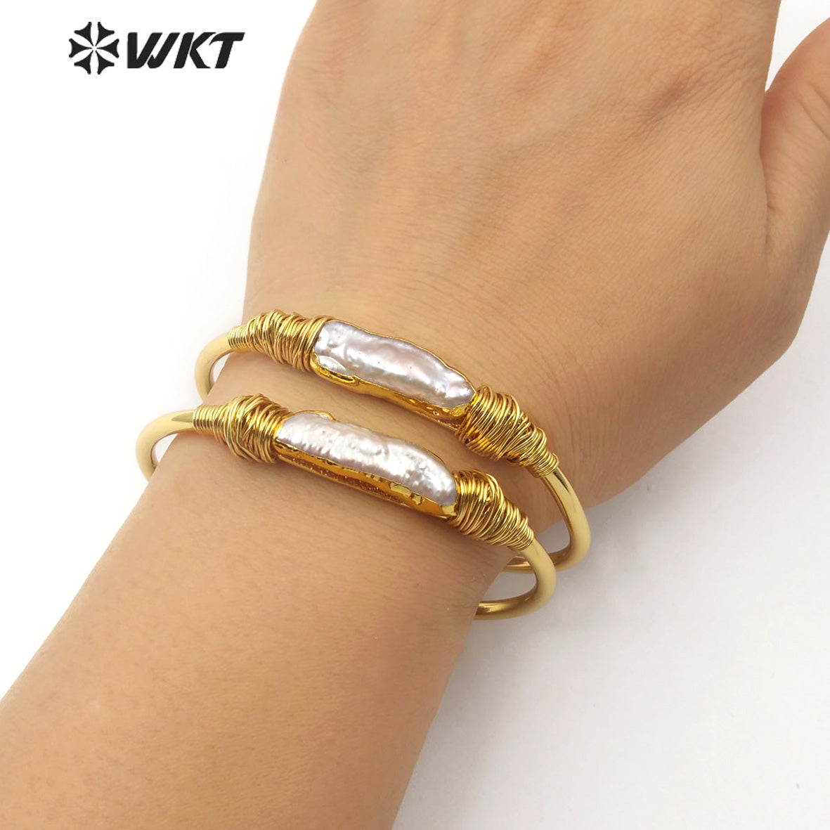 WT-B489 Natural Pearl Bangle Wire Wrapped Bangle Gold Bezel Irregular Pearl Bracelet Women Fashion Charm Bracelet Jewelry