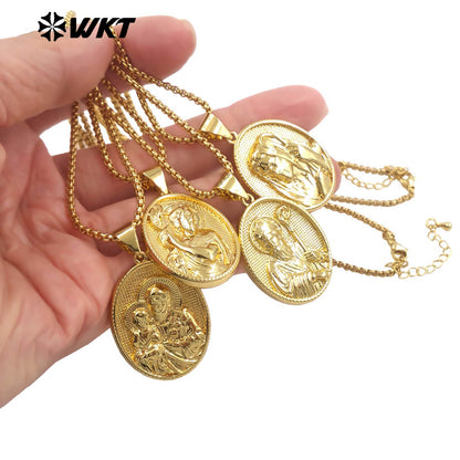 WT-JFN35 New Sales Yellow Brass Oval Shape Religion Pendant Necklace Multi Patterns Gold Plated Chain Women Daily Wearing