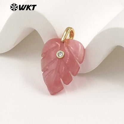 WT-P2141 Wonderful Zircon And Multi Colors Natural Gemstones Hand Carved Leaf Shape Gold Pendants For Lady Earrings DIY