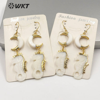 WT-E597 Newest Gold Electroplated Hippocampus Shell Earring Boho Vintage Lady Crescent Horn Shell Long Earrings