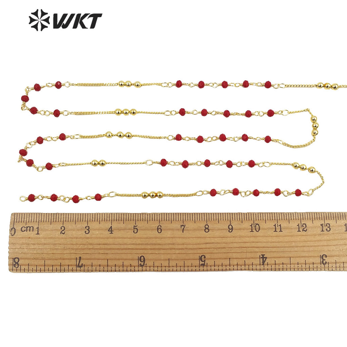 WT-RBC197 Amazing Women Handmade Gold Plated Jewelry Findings Chain in Brass with Red Beads Mix Link Chain Satellite Chain