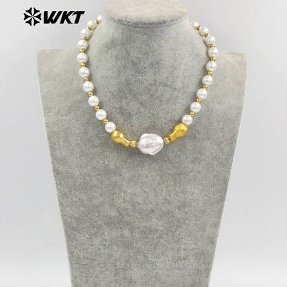 WT-JN292 High Quality Large White and Small Gold Beads Irregular Pearl Necklace Finished Jewelry for Girlfriend As Surprise Gift