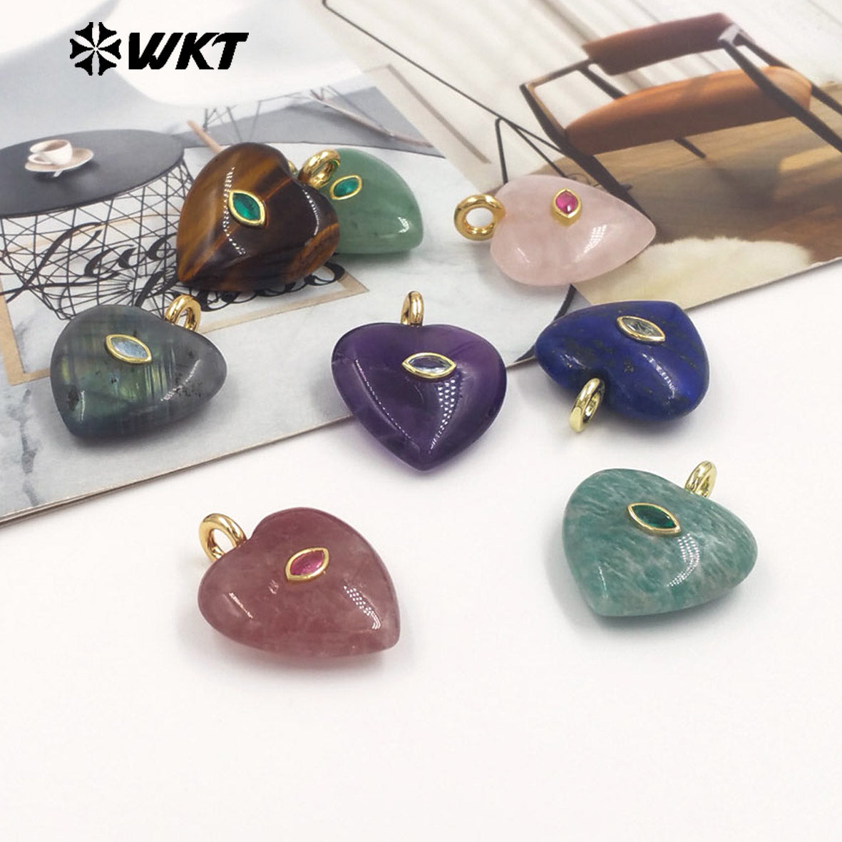 WT-P2042 Popular Sale Lapis Natural Stone Gold Plated Zircon Heart Shape Pendants For Romantic Women Necklace DIY Making