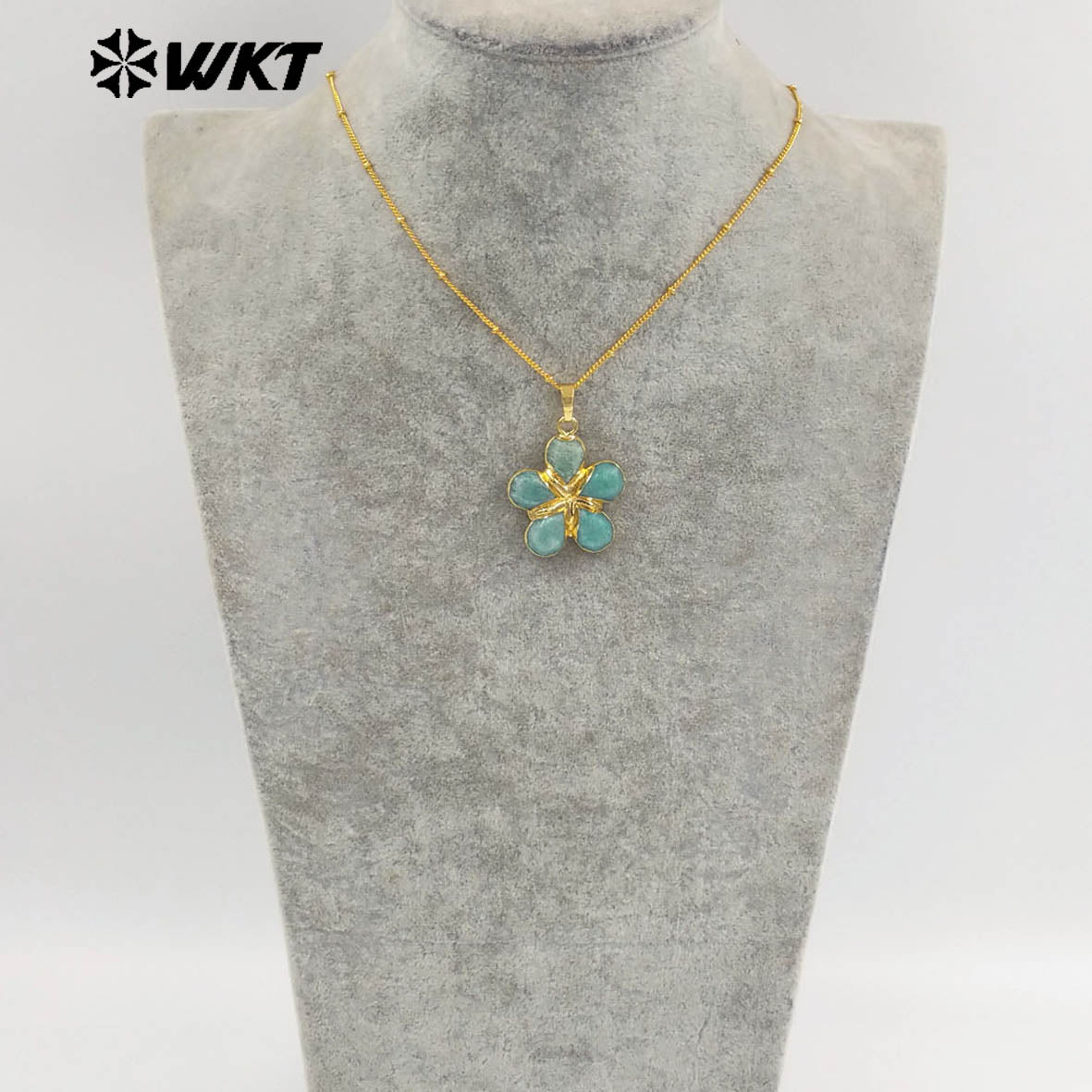 WT-N1497 New Fashion Beads Chain With Gold Plated Natural Gemstone Flowers Shape Pendant Necklace As Lady Birthday Gift