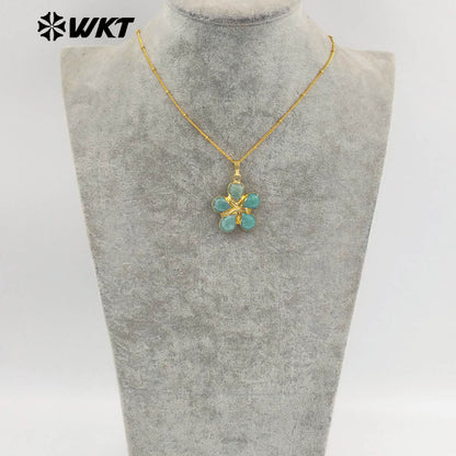 WT-N1497 New Fashion Beads Chain With Gold Plated Natural Gemstone Flowers Shape Pendant Necklace As Lady Birthday Gift