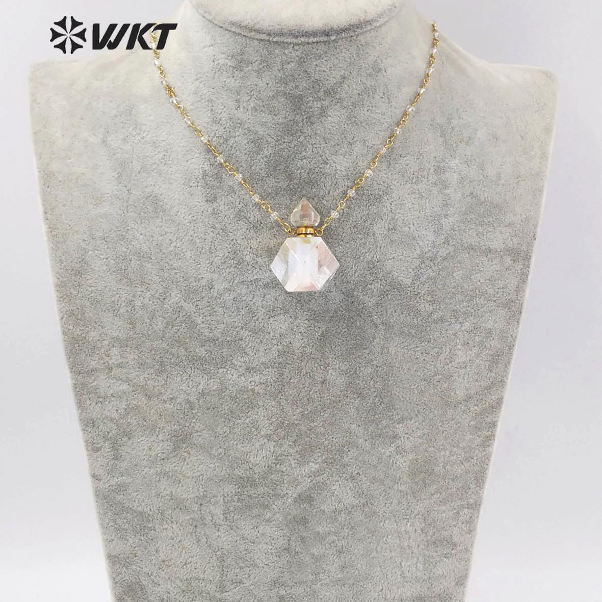 WT-N1353 WKT Fashion Natural Stone Aura Quartz Perfume Bottle Necklace Charming Crystal With Pendant Necklace Unique Party Gift