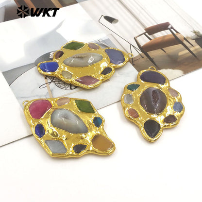 WT-P2009 Newest Design Gorgeous Multi Natural Gemstones Back Full 18K Gold Plated Charm Pendant For Women Jewelry Making
