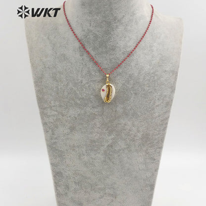 WT-JN097 WKT Jewelry Cowrie Necklace with Gold Plated Trim and CZ Stone Necklace Colorful Cz Necklace in Stock