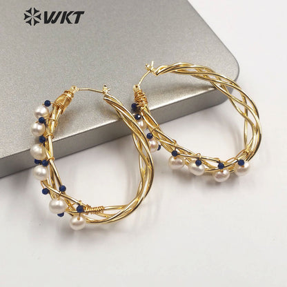 WT-E586 Colorful Amazing Big Ear Ring Handmade Wire Wrapped Women Pearl Hoop Earrings for Gift With Elegant Beauty Stone Pearl