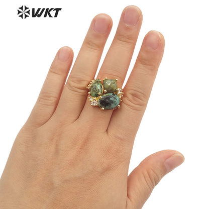 WT-R450 WKT Newest Natural Precious Triple Stone Geometric Shape Women Ring Ins Hot Gold Plated Lapis Jewelry Ring